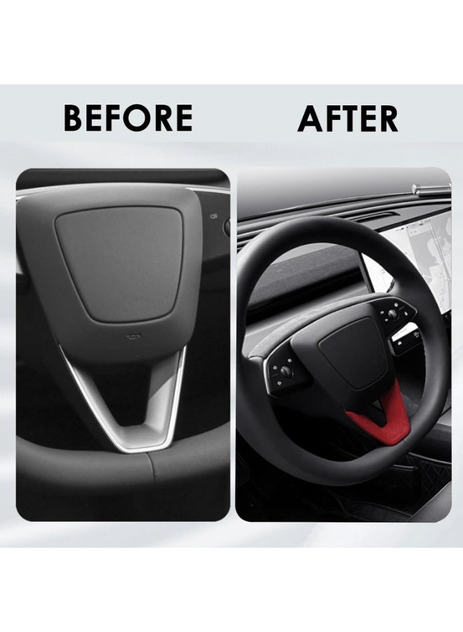 عجلة القيادة ديكور التريم متوافق مع تيسلا موديل 3 هايلاند 2024 غطاء سويد ملفوفات لوحات ديكور ديكورات داخلية إكسسوارات (أحمر) - Image 3